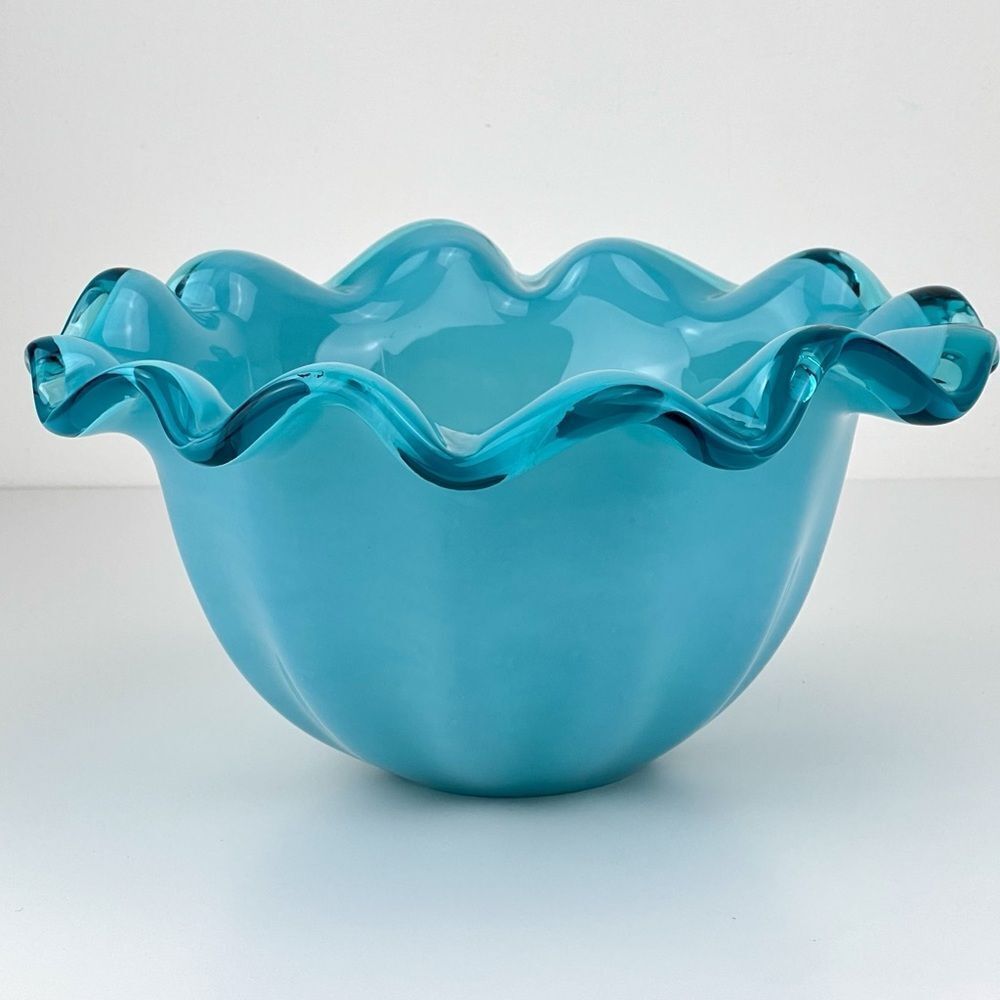 Vintage Turquoise Blue Murano Glass Scalloped Decorative Bowl Vase